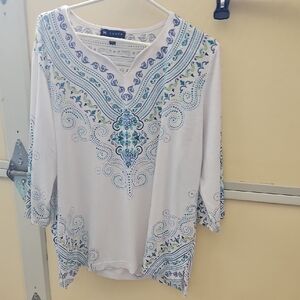 Women's White V-Neck Embroidered-Style Print Tunic